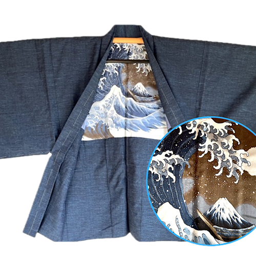 Antique haori homme soie tsumugi la vague japonaise nami hokusai 02