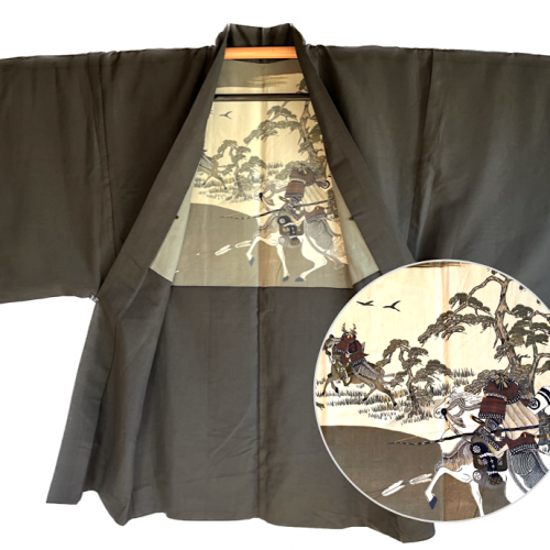 Antique haori japonais samourai soie noire mokkou montsuki yama no bushi homme