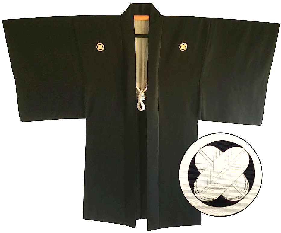 Antique haori japonais soie noire maruni takanohane montsuki homme made in japan