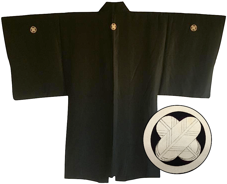 Antique haori japonais soie noire maruni takanohane montsuki homme made in japan2