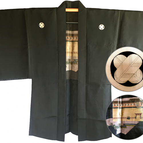 Antique haori samourai soie noire yama no jinja takano hane montsuki homme made in japan 