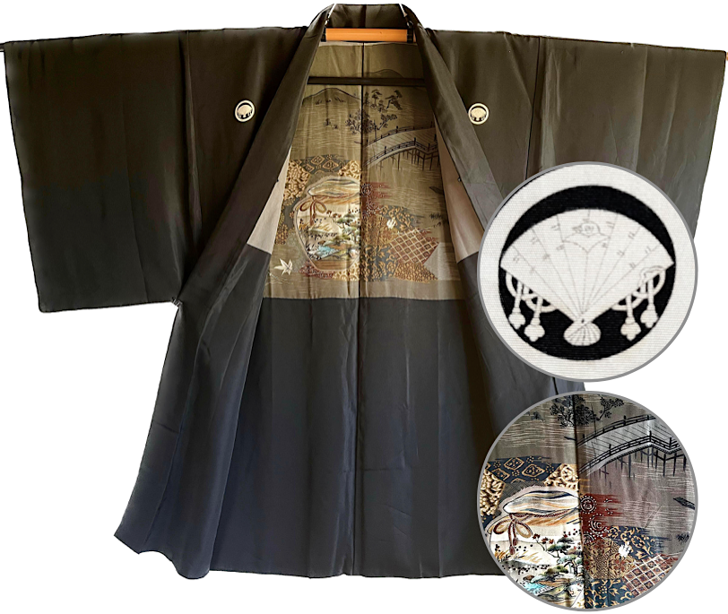 Antique haori soie noire sensu montsuki arashiyama no koyo kyoto homme copie