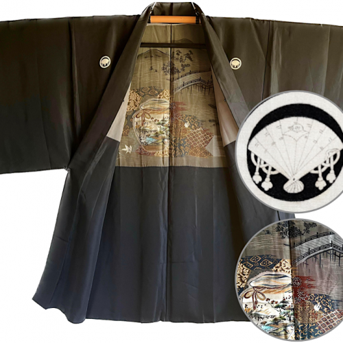 Antique haori soie noire sensu montsuki arashiyama no koyo kyoto homme copie
