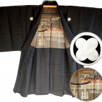 Antique haori soie noire takanohane montsuki torii miyajima homme