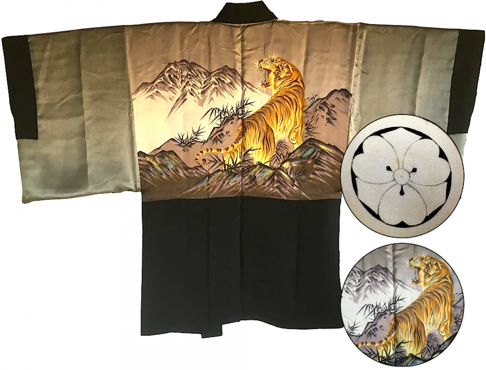 Antique kimono haori japonais samourai soie noire kenkatabami montsuki tora le tigre 3