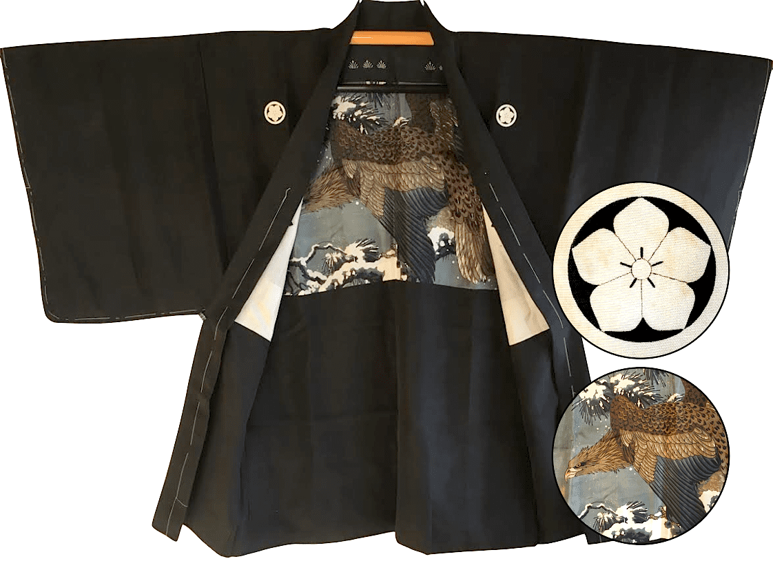 Antique kimono haori soie noire maruni kikyo montsuki fuyu no taka homme