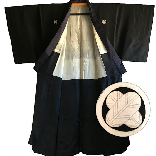 Antique kimono japonais samourai soie noire maruni 13 1 1