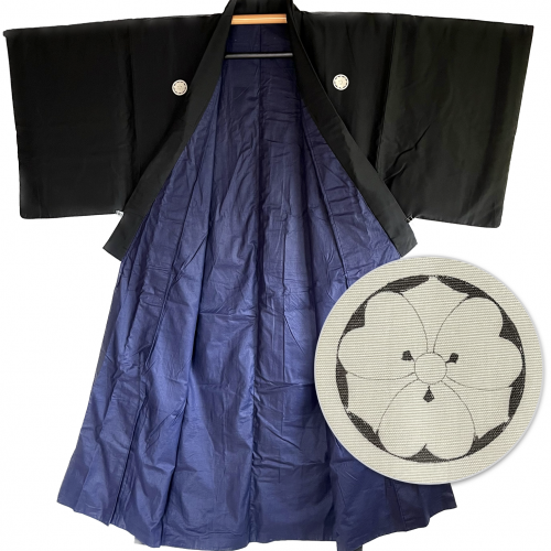 Antique kimono traditionnel japonais soie noire kenkatabami montsuki homme made in japan