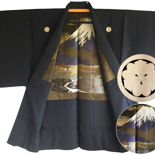Antique veste kimono haori samourai soie noire kenkatabami montsuki yabusame fuji san homme 