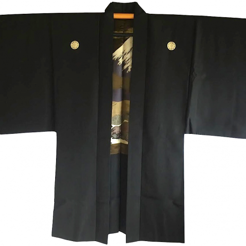 Antique veste kimono haori samourai soie noire kenkatabami montsuki yabusame fuji san homme 