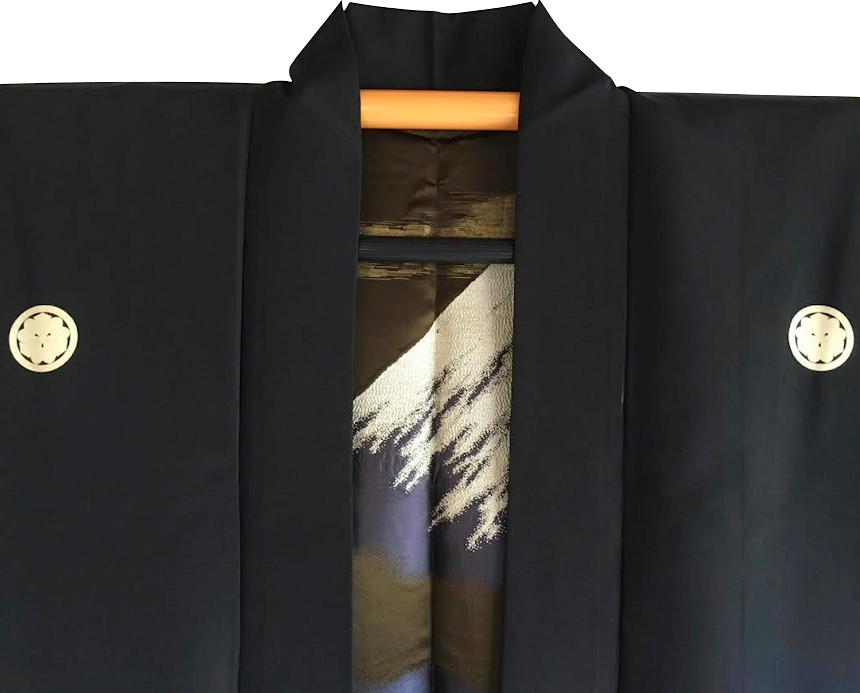 Antique veste kimono haori samourai soie noire kenkatabami montsuki yabusame fuji san homme 2