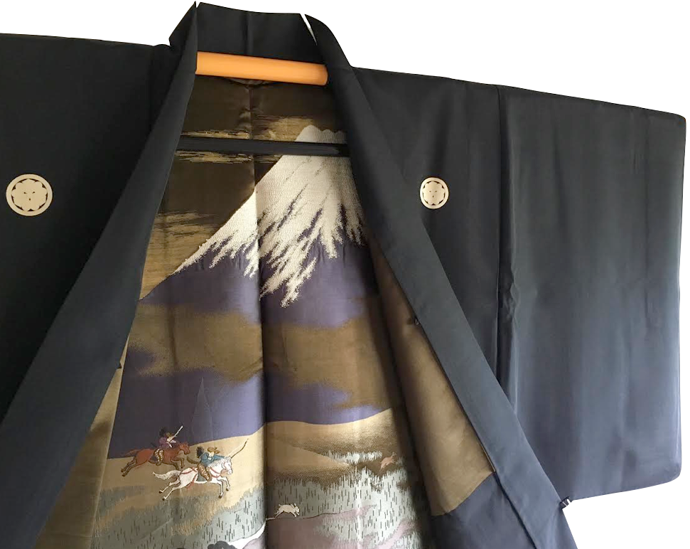 Antique veste kimono haori samourai soie noire kenkatabami montsuki yabusame fuji san homme 5