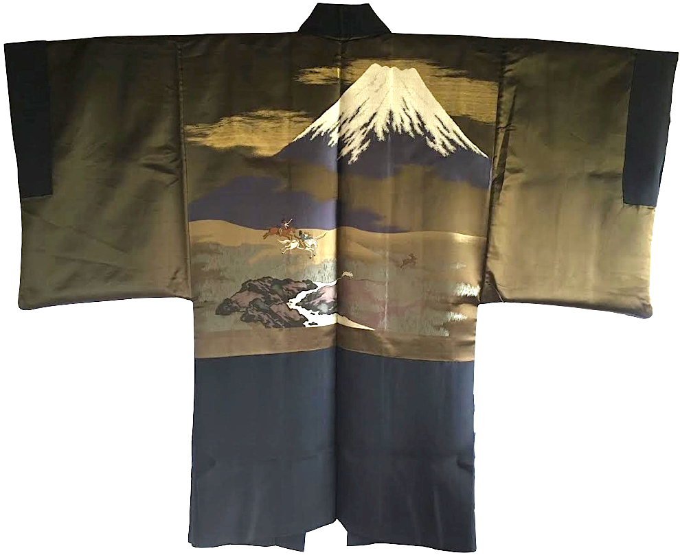 Antique veste kimono haori samourai soie noire kenkatabami montsuki yabusame fuji san homme 7
