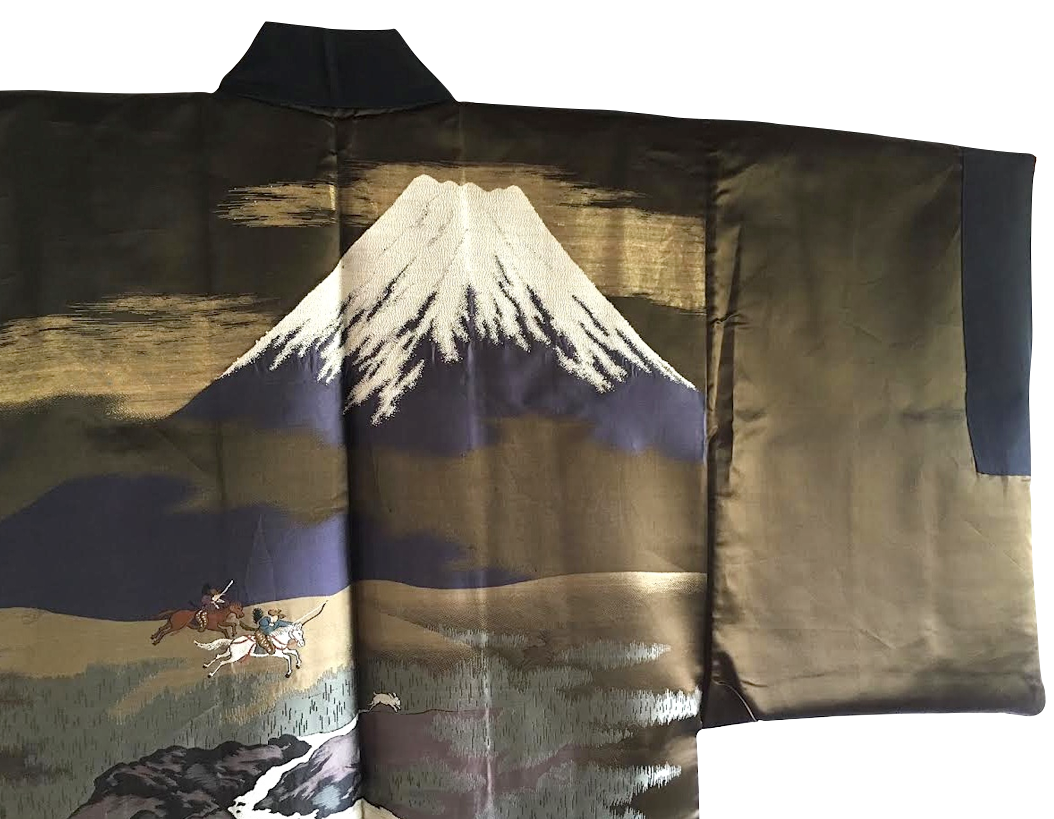 Antique veste kimono haori samourai soie noire kenkatabami montsuki yabusame fuji san homme 8