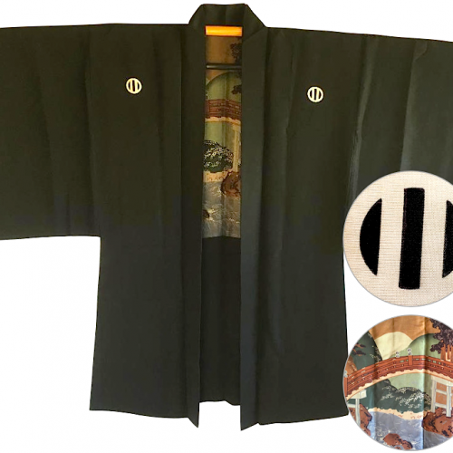 Antique veste kimono haori samourai soie noire montsuki jinja no o bashi