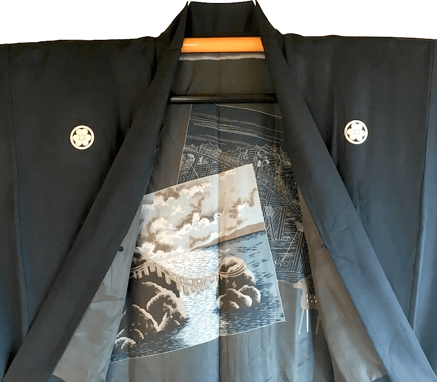 Antique veste kimono haori soie noire montsuki meoto iwa ise homme2