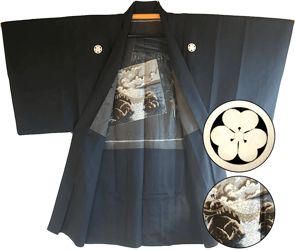 Antique veste kimono haori soie noire montsuki meoto iwa ise