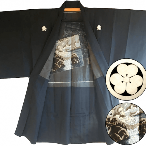 Antique veste kimono haori soie noire montsuki meoto iwa ise