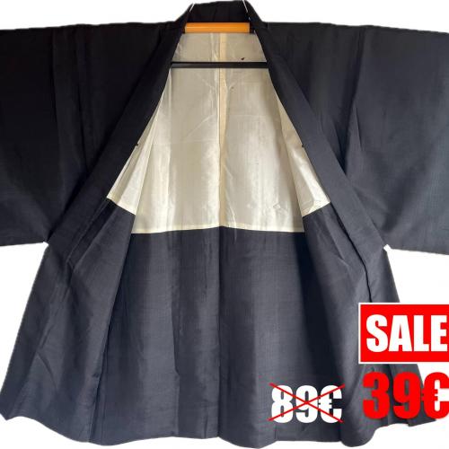 Haori homme antique d ete soie noire takanohane montsuki3