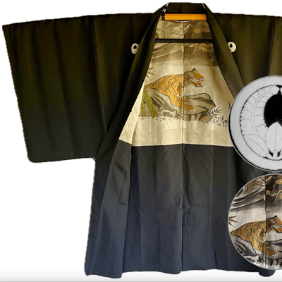 Haori japonais homme antique soie noire agarifuji montsuki tigre vs dragon 1