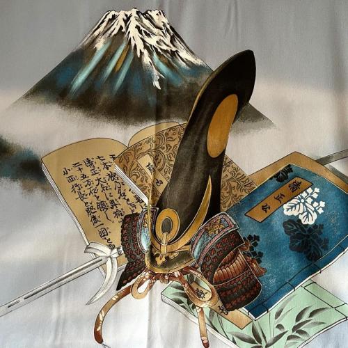Men s traditional japanese haori blue silk o shima with kato kiyomasa s kabuto design