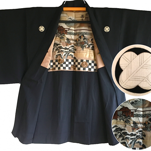 Luxe antique haori samourai soie noire kamon takanohane clan chushingura homme 1