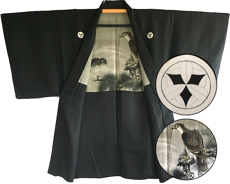 Luxe antique haori samourai soie noire takenaka montsuki takamatsu gara faucon pin homme