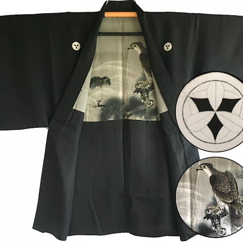 Luxe antique haori samourai soie noire takenaka montsuki takamatsu gara faucon pin homme5