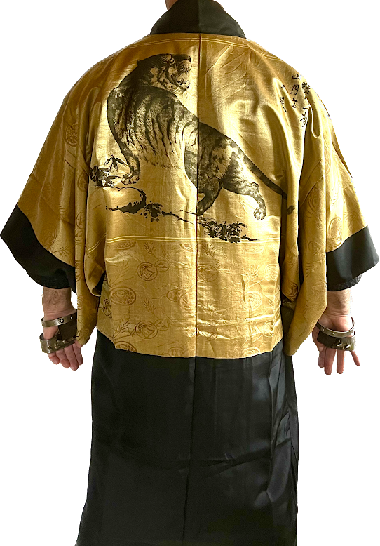 Luxe antique haori soie noire kenkatabami montsuki tora oeil du tigre homme3 1