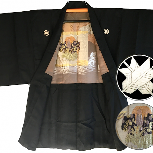 Luxe antique kimono haori soie noire maruni chigai ha montsuki kabuki homme