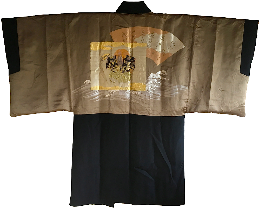 Luxe antique veste kimono haori soie noire maruni chigai ha montsuki kabuki homme fait au japon