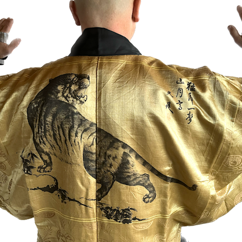 Luxe antique haori soie noire kenkatabami montsuki tora oeil du tigre homme