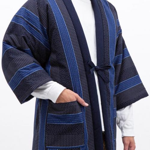 Men s winter sashiko hanten dobi strip black navy