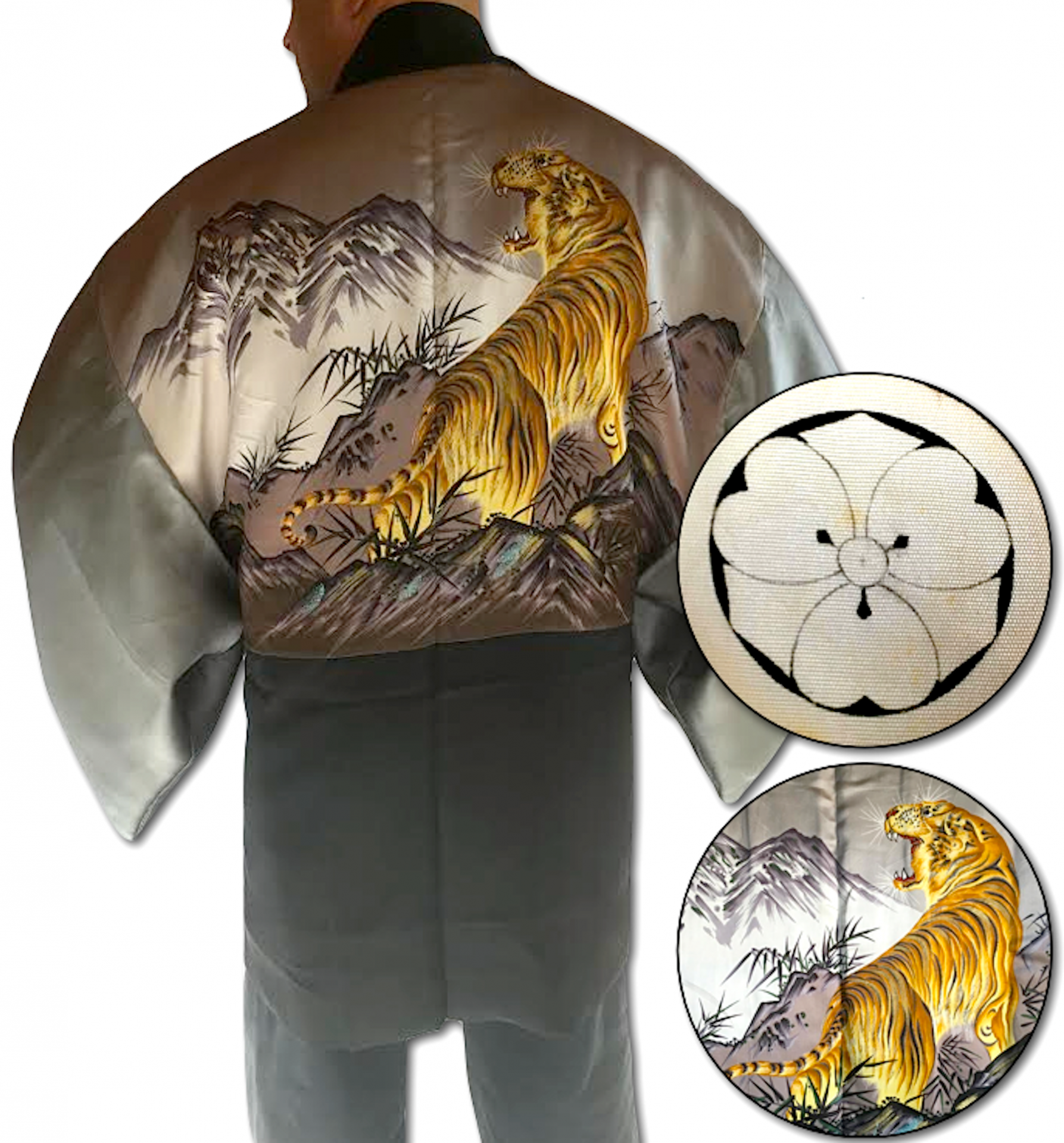 Rare antique kimono haori samourai soie noire maruni kenkatabami montsuki tora le tigre 