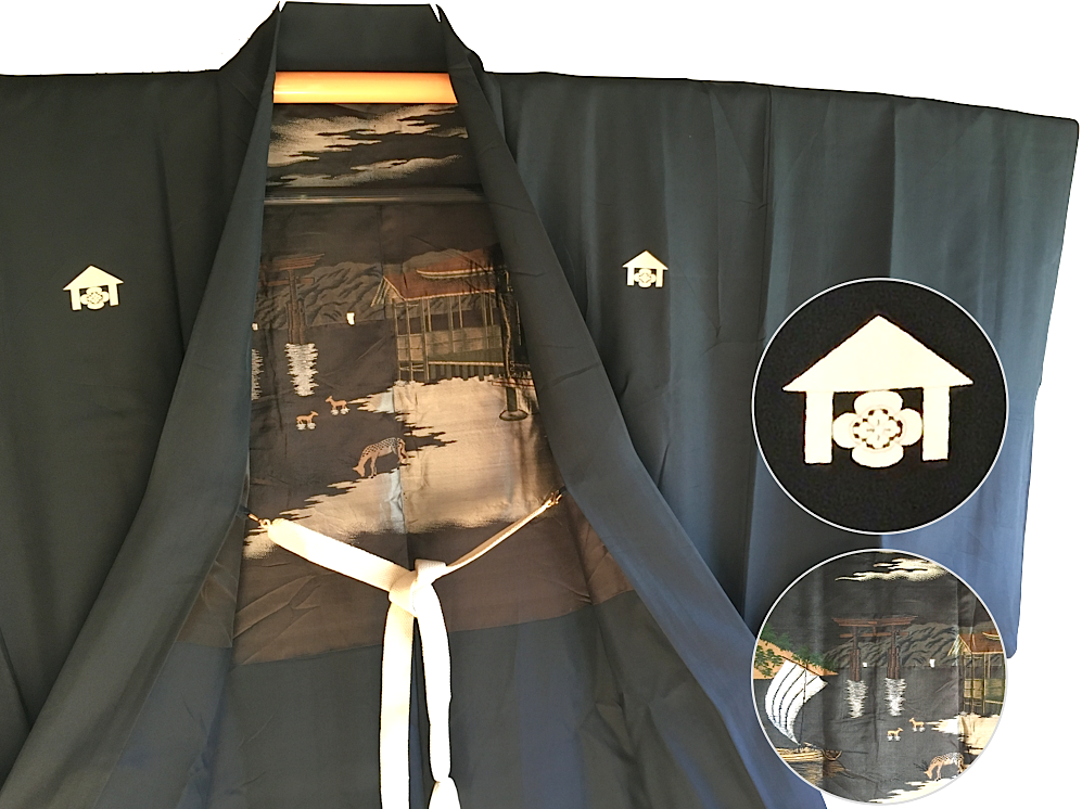 Rare luxe antique haori samourai soie noire mokkou montsuki torii miyajima homme made in japan1