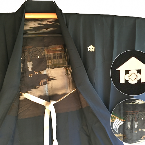 Rare luxe antique haori samourai soie noire mokkou montsuki torii miyajima homme