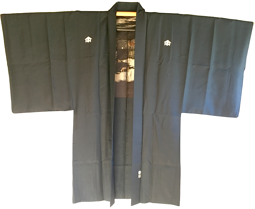 Rare luxe antique haori samourai soie noire mokkou montsuki torii miyajima homme made in japan2