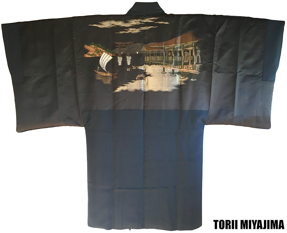Rare luxe antique haori samourai soie noire mokkou montsuki torii miyajima homme made in japan5