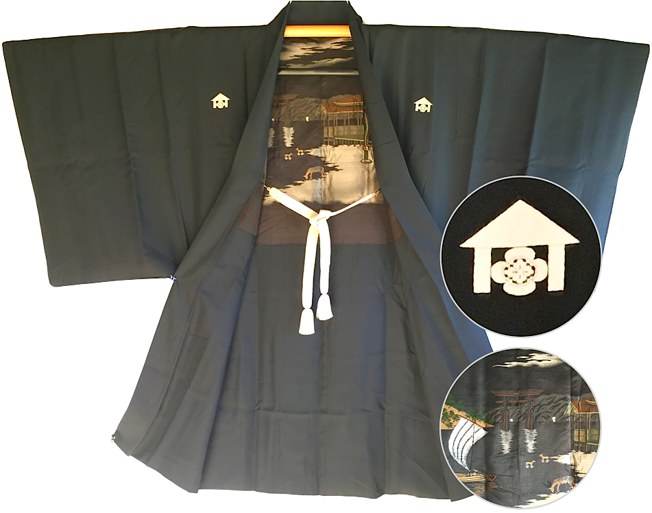 Rare luxe antique haori samourai soie noire mokkou montsuki torii miyajima homme