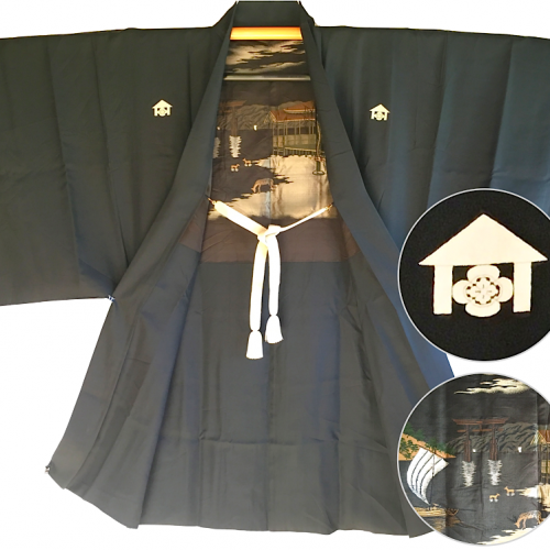 Rare luxe antique haori samourai soie noire mokkou montsuki torii miyajima homme