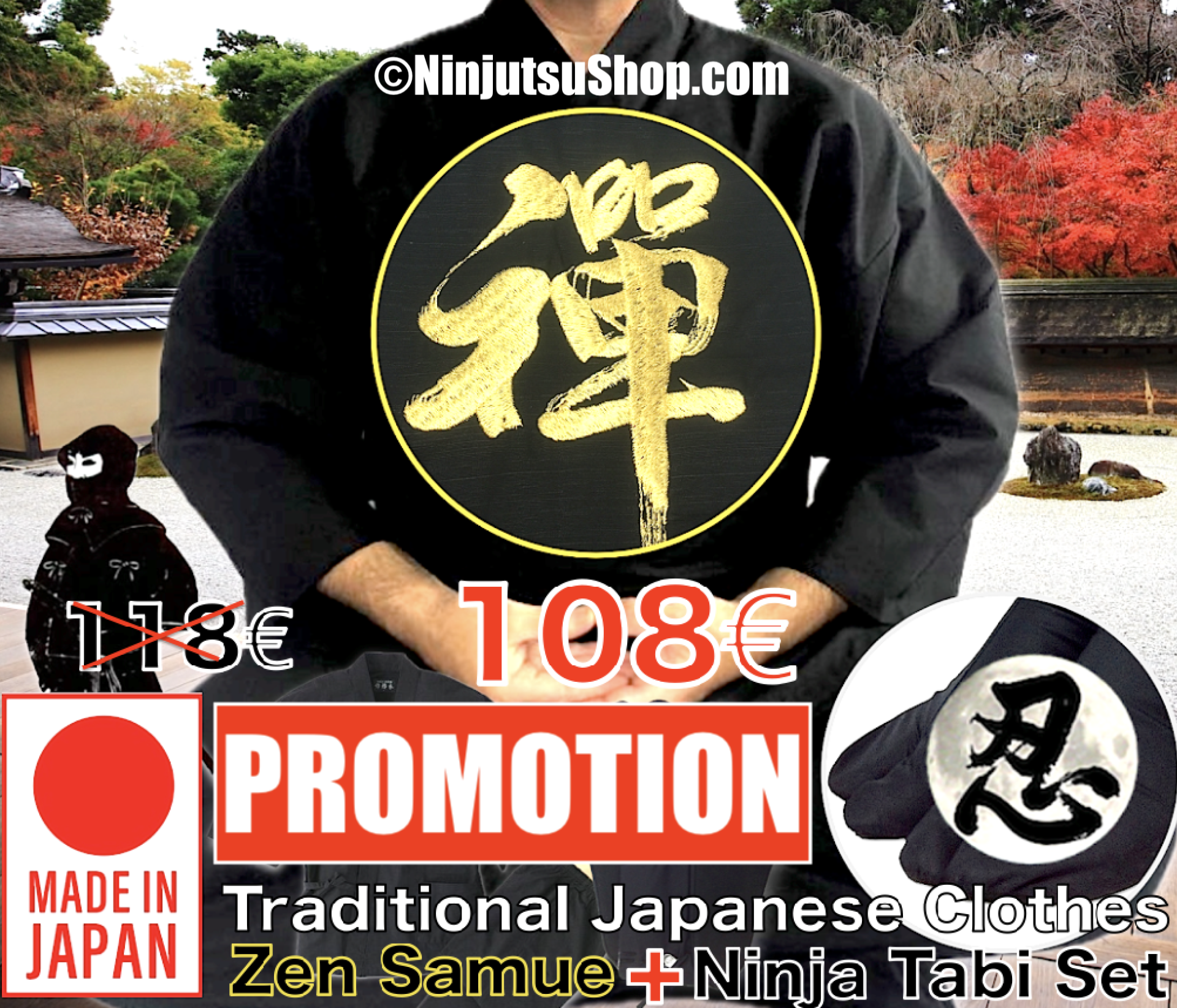 Zen samue and ninja tabi black cotton set promotion ninjutsushop com